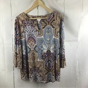 Chico's Womens Fancy Filigree Keyhole Neck Multicolor 3/4 Sleeve Top Sz.3(XL/16)